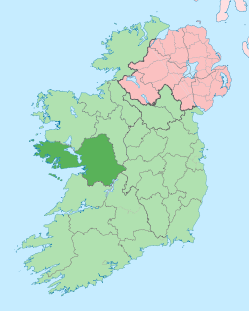 Map of Ireland - Northern Ireland in pink - Co. Galway in dark green.